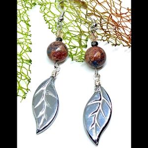 Silver Plated Glass Leaves Red Gray Leopard Stone and Crystal Fall Leaf Earrings